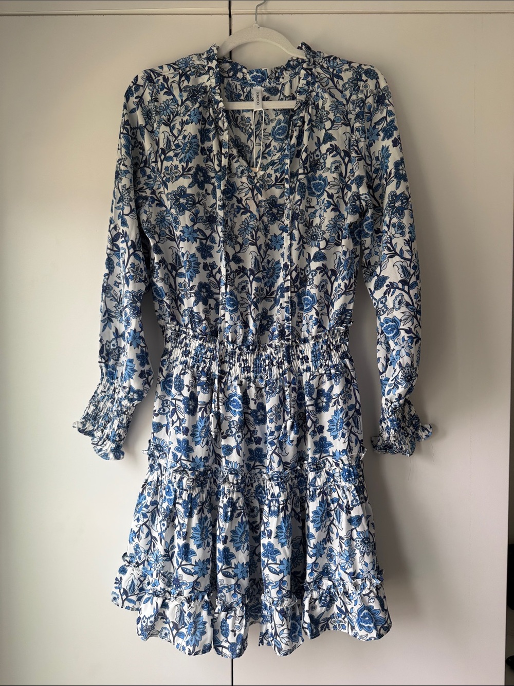 Blue Floral Smocked-Waist Mini Dress